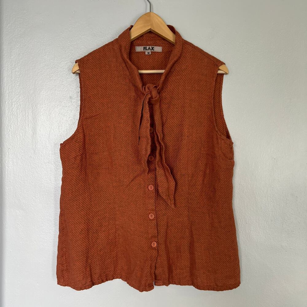 Flax Tie Bow Top Blouse Women's Size M Orange Sleeveless Linen Button Front Boho